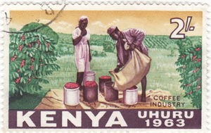 Kenya - poštovní známka s tématikou sběru kávy